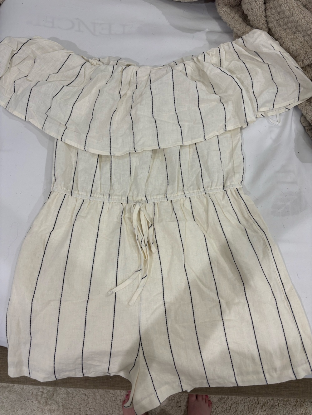 Forever 21 Cream Off-Shoulder Striped Peplum Romper